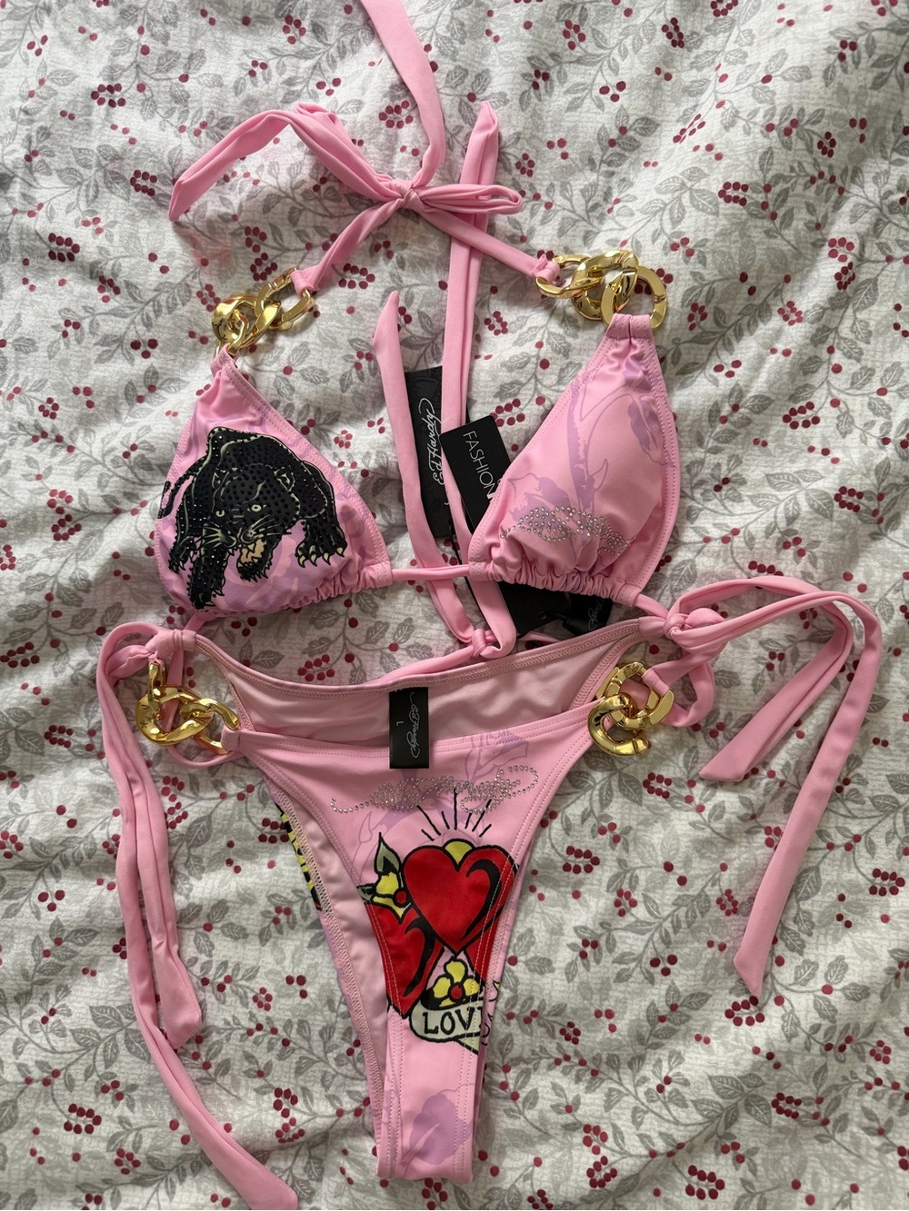Ed Hardy Panthers & Butterflies Chainlink Rhinestones 2 Piece Bikini